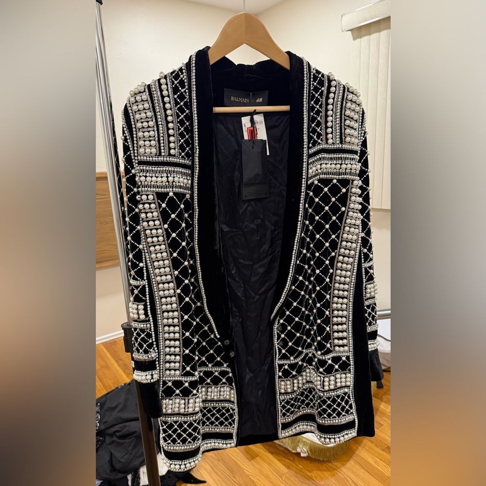 Balmain x H&M Beaded Pearl Black and White Embellished Blazer